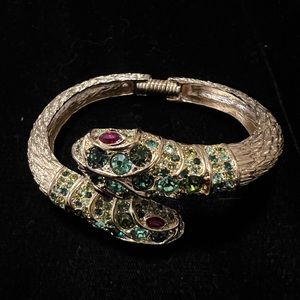 Authentic KENNETH JAY LANE Jeweled Snake Bangle Cuff Bracelet Gold Green Red